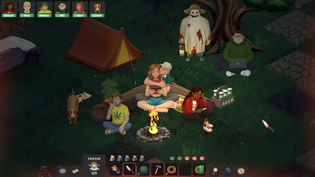 Campers gathered around a campfire at night, unaware they're being watched
