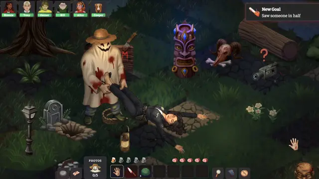 A camper reacting in fear to a gruesome discovery in the woods